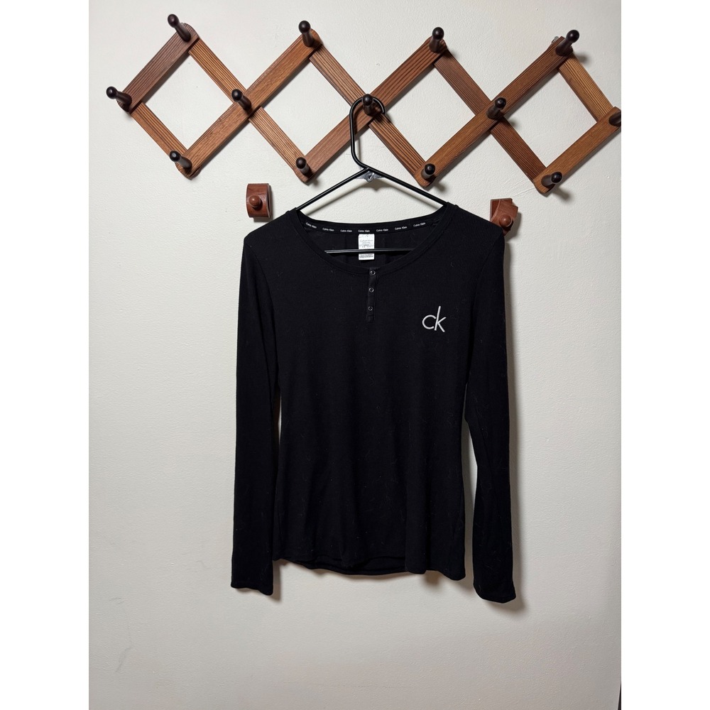 Calvin Klein Black Ribbed Henley Long Sleeve Tee Y2K Minimalist Athleisure - Picture 1 of 3